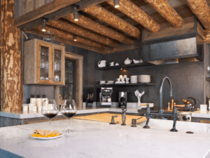 Rustic charm in a Wilkes-Barre kitchen with reclaimed wood cabinets, farmhouse sink, and vintage lighting fixtures.