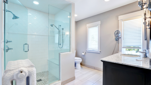 Bright and airy walk-in shower design, small Pennsylvania home remodel.