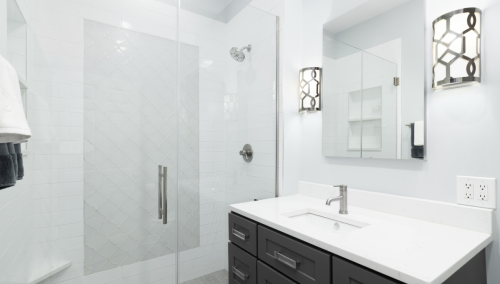 Modern walk-in shower with glass doors, Wilkes-Barre, Pennsylvania home improvement.